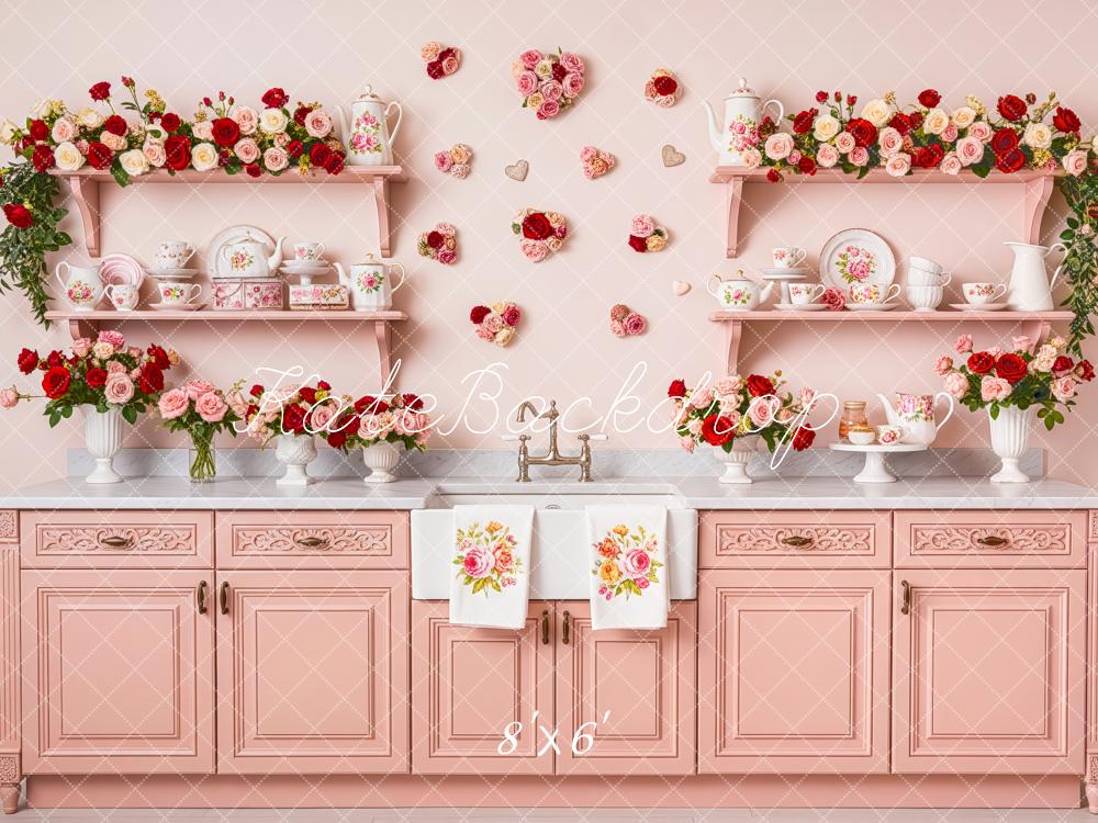 Kate Valentine's Day Pink Flower Arch Kitchen Cabinets and Shelves Printed Backdrop Designed by Patty Roberts