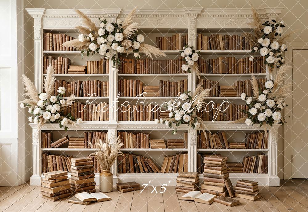Kate Graduation Bookshelf Brown Books White Flowers Backdrop Designed by Emetselch