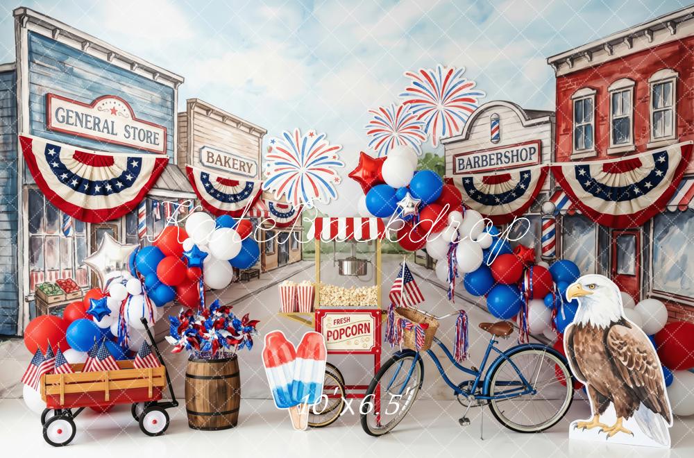 Kate 4th Of July Main Street Fireworks Balloons Bike Eagle Printed Backdrop Designed by Patty Roberts
