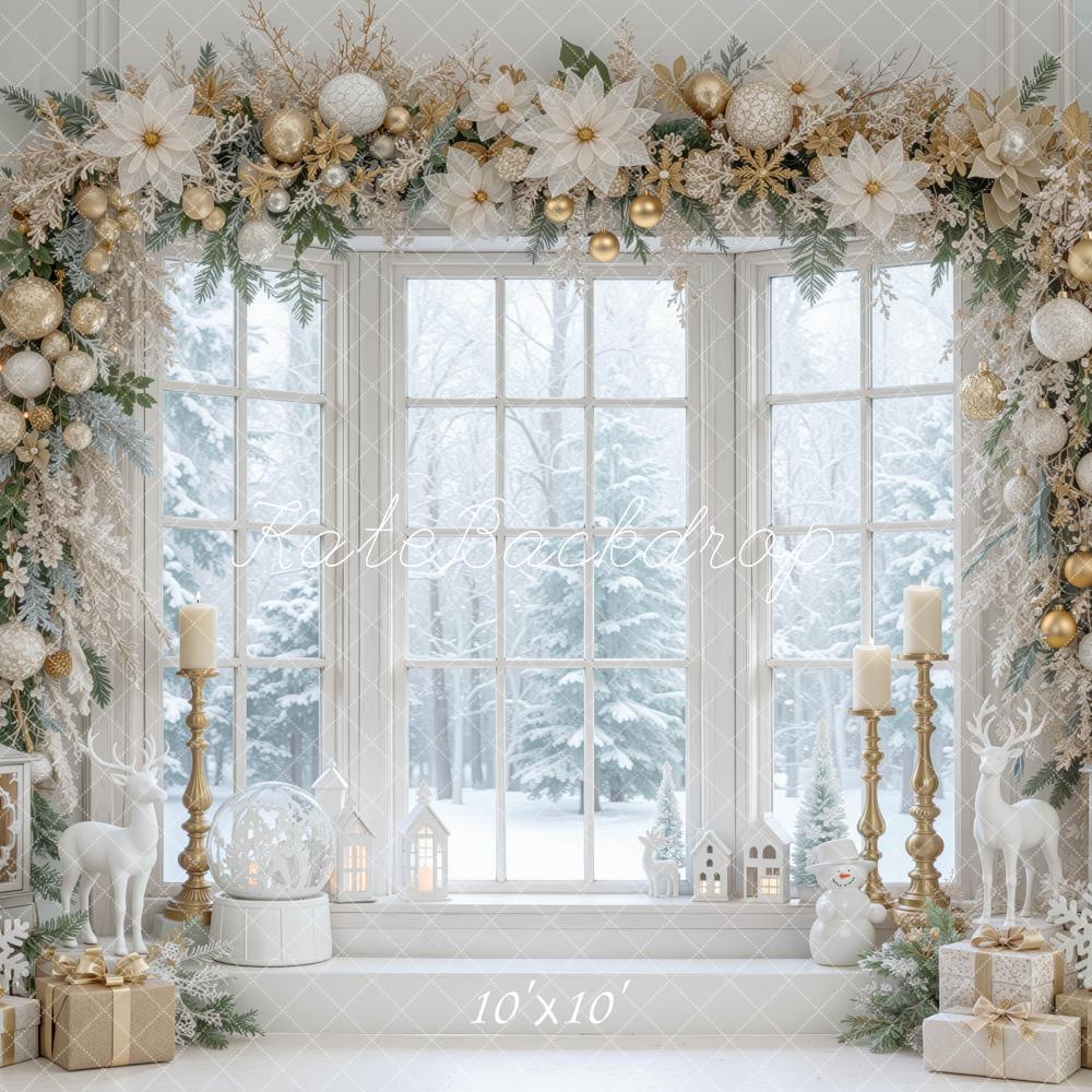 Kate Christmas White Gold Floral Window Arch Printed Backdrop Designed by Mini MakeBelieve