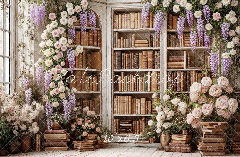 Kate Flower Arch Bookshelf Books Vintage Wall Printed Backdrop Designed by Emetselch