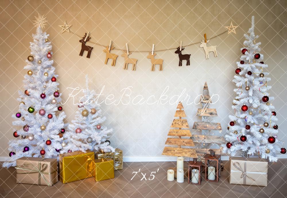 Kate Christmas White Trees Wood Reindeer Garland Gold Presents Printed Backdrop Designed by Fantasyphotoart