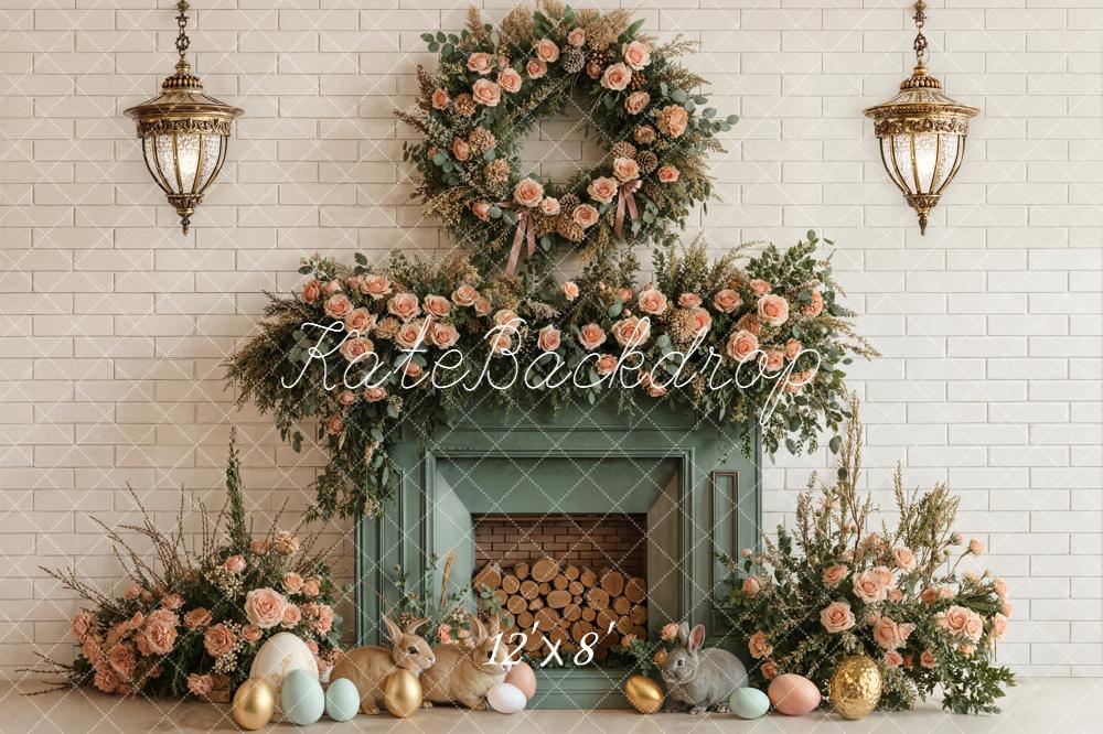 Kate Easter Bunny Fireplace Floral Wreath Pastel Eggs Backdrop Designed by Emetselch