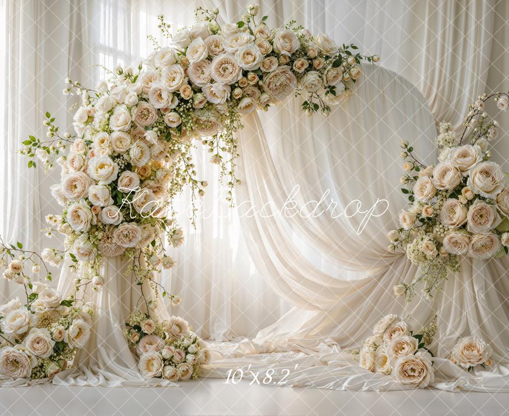 Kate Summer Flower Arch Cream Roses Draped Fabric Printed Backdrop Designed by Emetselch