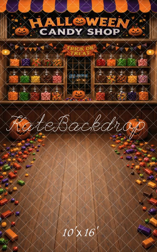 Kate Sweep Halloween Candy Shop Pumpkins Shelves Printed Backdrop Designed by Vertigo Productions