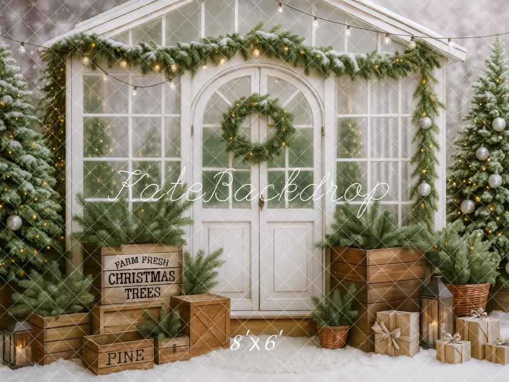 Kate Christmas Greenhouse Pine Trees Garland Crates Backdrop Designed by Patty Roberts
