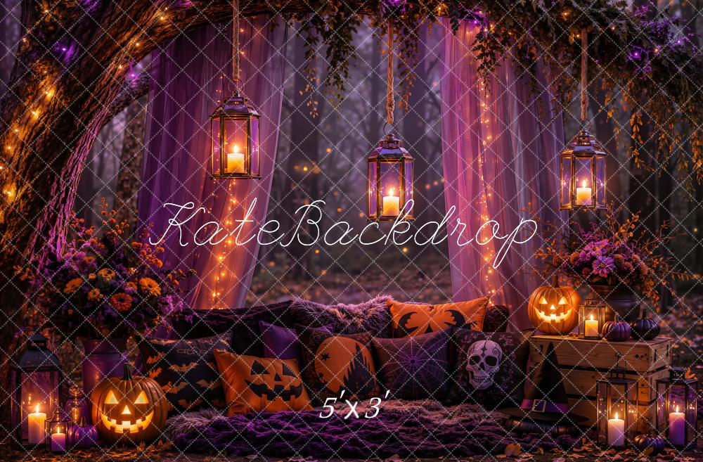 Kate Halloween Night Branch Arch Purple Drapes Pillows Lanterns Pumpkin Printed Backdrop Designed by Emetselch