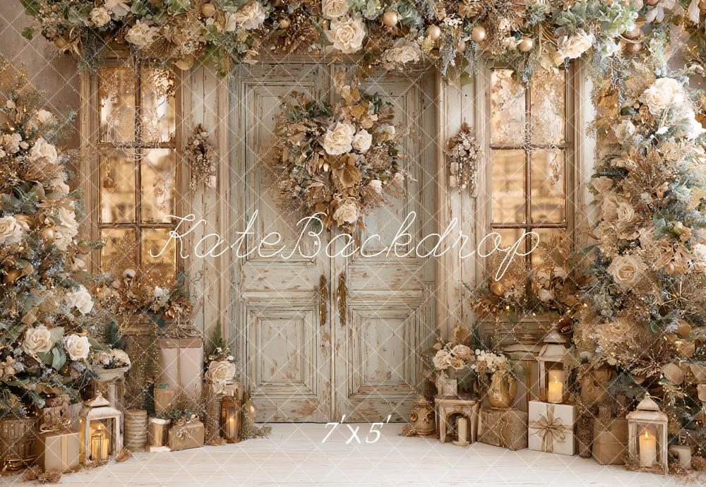 Kate Christmas Gold Floral Rustic Door Backdrop Designed by Ashley Paul