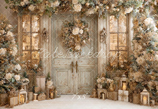 Kate Christmas Gold Floral Rustic Door Printed Backdrop Designed by Ashley Paul
