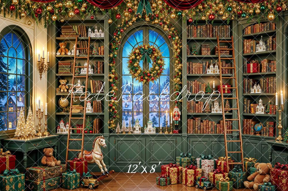 Kate Christmas Green Library Bookshelves Wreath Gifts Printed Backdrop Designed by Mini MakeBelieve