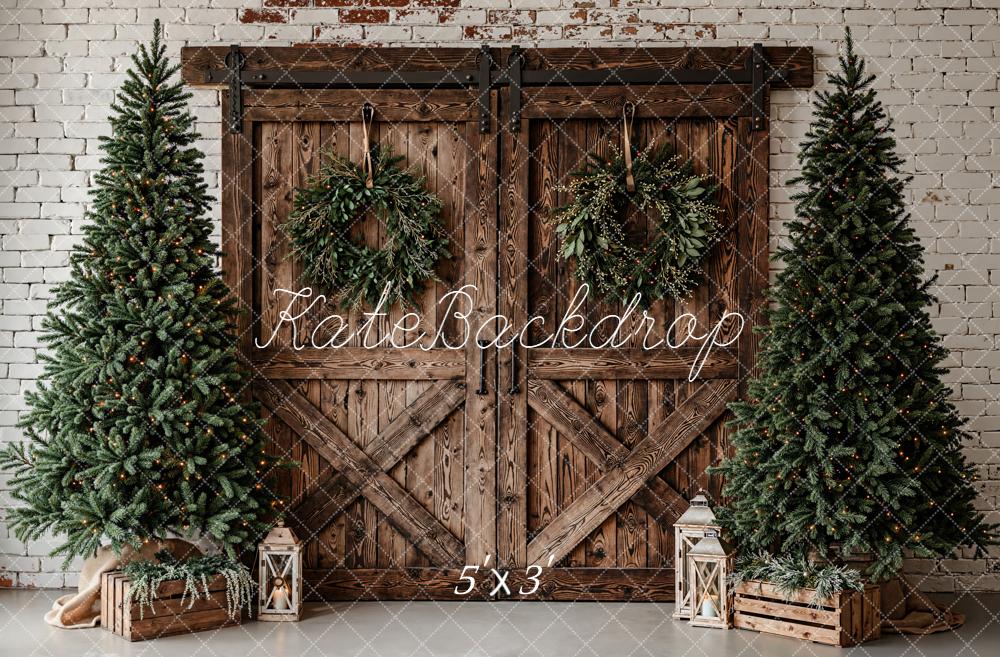 Kate Christmas Wood Barn Door Pine Trees Wreath Backdrop Designed by Emetselch