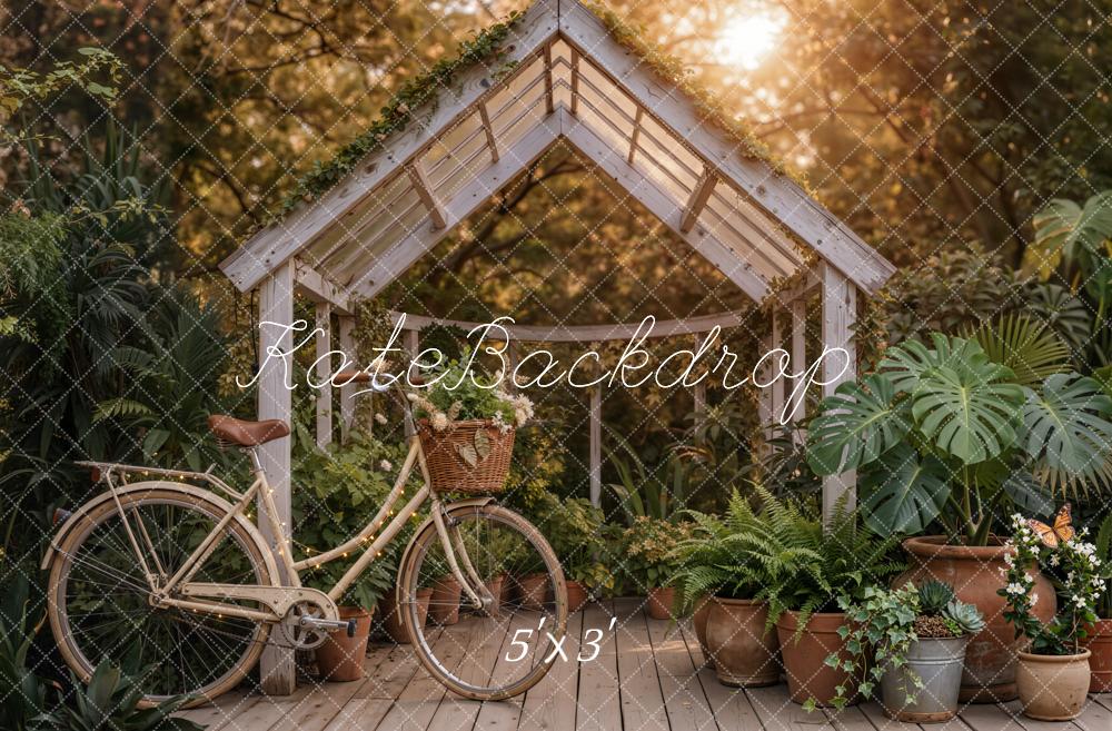 Kate Summer Garden Greenhouse Bicycle Potted Plants Printed Backdrop Designed by Emetselch