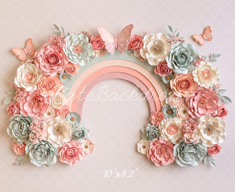 Kate Cake Smash Paper Flower Arch Pastel Rainbow Butterflies Printed Backdrop Designed by Angela Miller