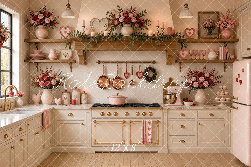 Kate Valentine's Day L-shaped Kitchen Floral Heart White Cabinets Printed Backdrop Designed by Ashley Ward