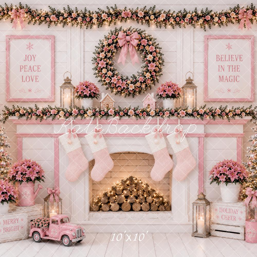 Kate Christmas Pink Floral Fireplace Wreath Stockings Printed Backdrop Designed by Ashley Paul