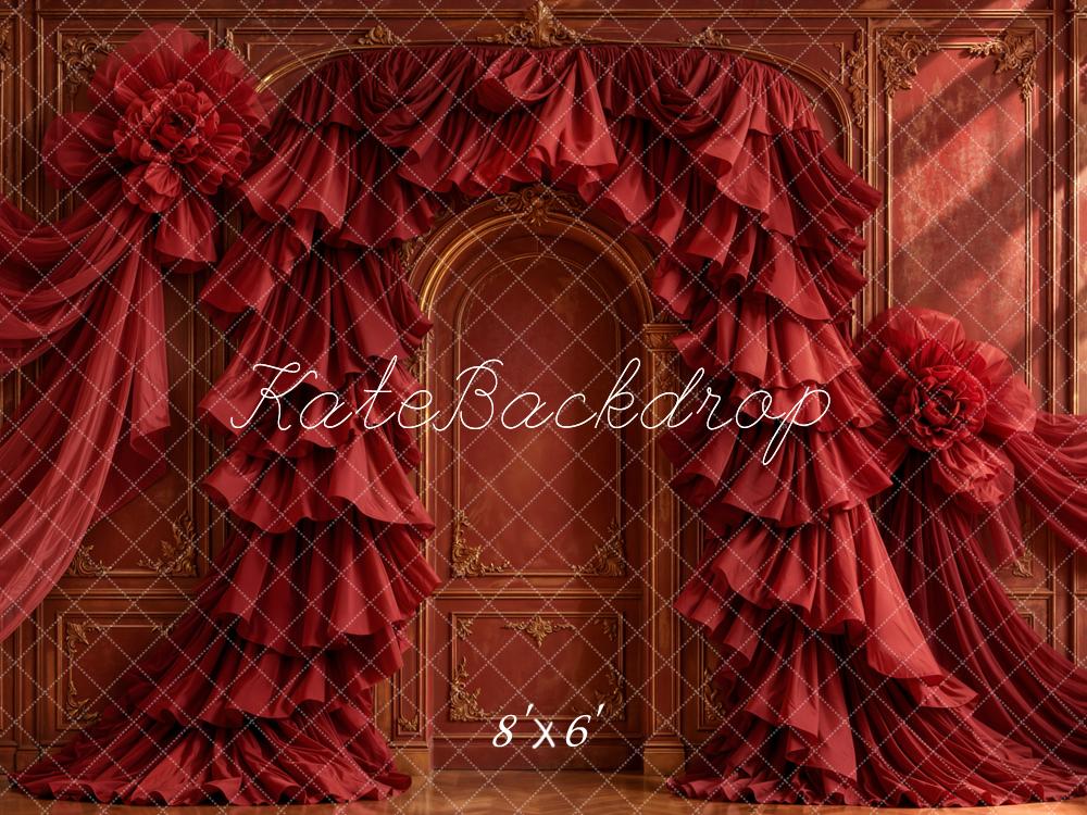 Kate Romantic Red Ruffled Drapery Fabric Rosettes Ornate Retro Wall Printed Backdrop Designed by Emetselch