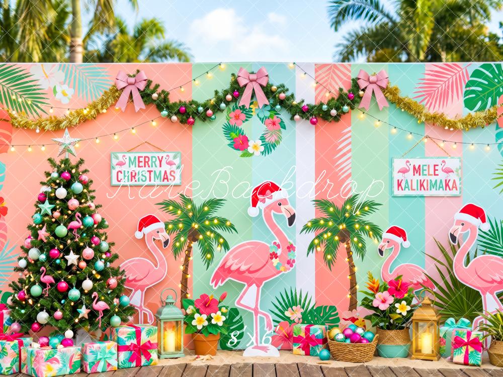 Kate Summer Christmas Flamingo Palm Tree Tropical Printed Backdrop Designed by Patty Roberts