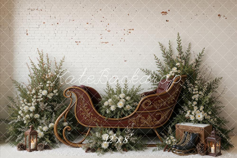 Kate Christmas Sleigh White Flowers Pine Greenery Brick Wall Printed Backdrop Designed by Ashley Ward