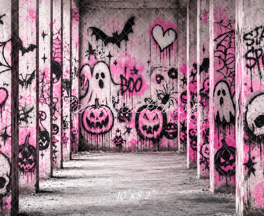 Kate Halloween Pink Graffiti Haunted Hallway Printed Backdrop Designed by Ashley Paul