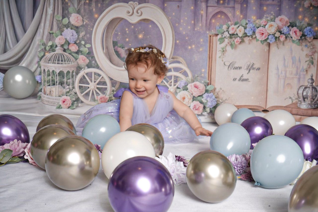 Kate Cake Smash Princess Castle Book Carriage Floral Backdrop Designed by Ashley Paul