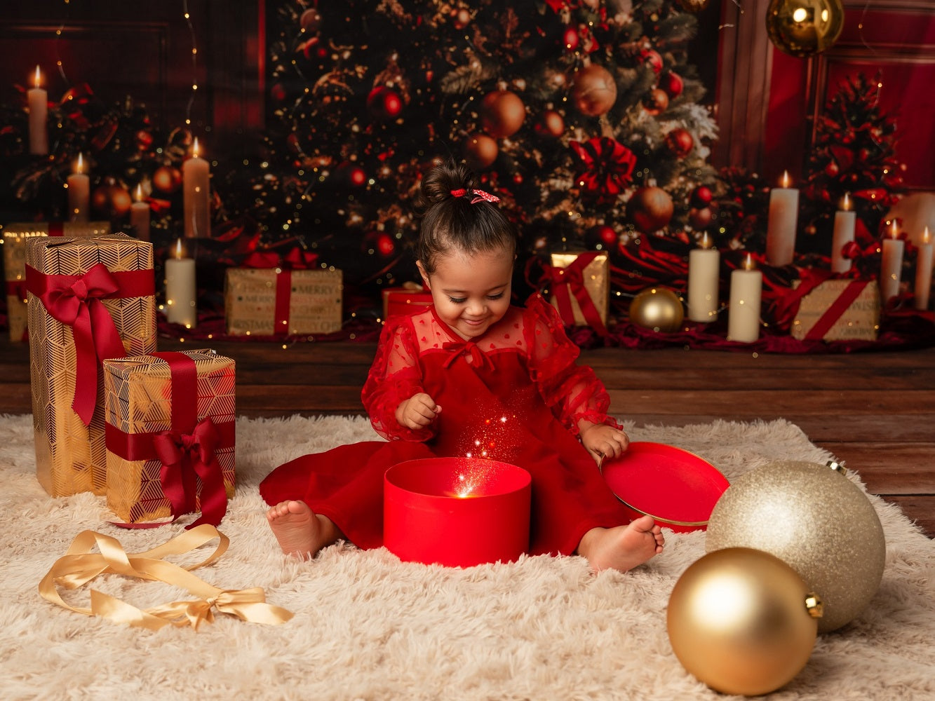 Kate Winter Christmas Tree Arched Window Red Retro Wall Backdrop Designed by Emetselch