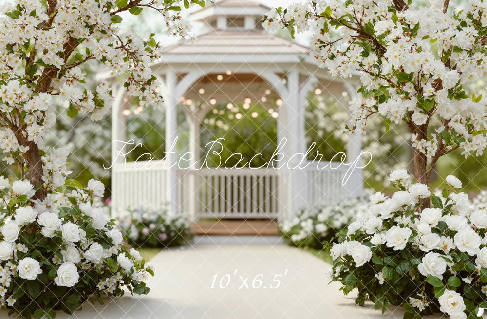 Kate Spring White Gazebo Blossom Trees Roses Backdrop Designed by Emetselch