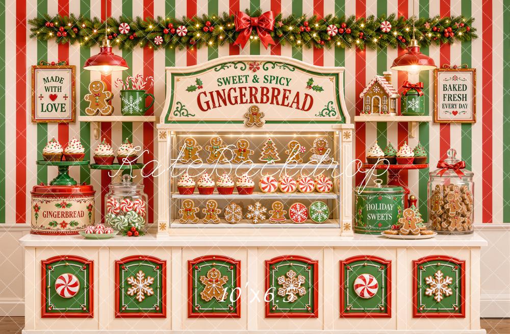 Kate Christmas Gingerbread Candy Shop Cookies Bakery Striped Printed Backdrop Designed by Emetselch