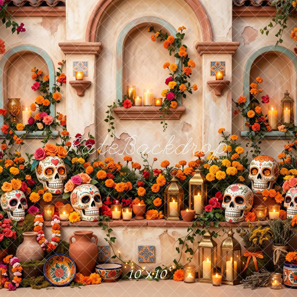 Kate Day Of The Dead Mexican Flowers Skull Altar Printed Backdrop Designed by Patty Roberts