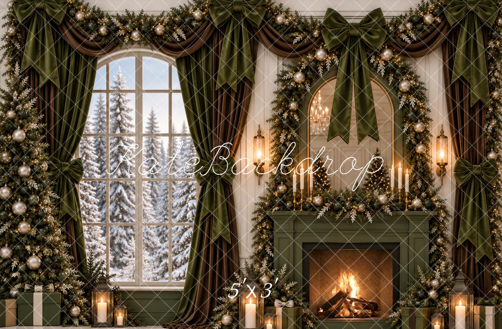 Kate Christmas Olive Green Fireplace Mirror Garland Bows Window Snowy Printed Backdrop Designed by Ashley Paul