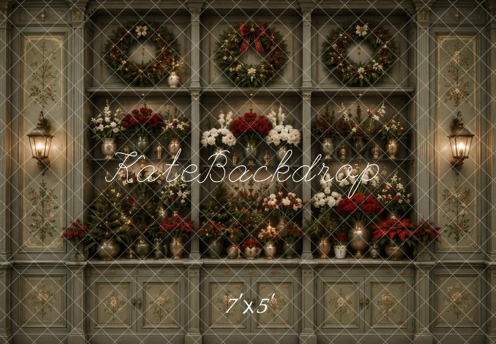 Kate Christmas Floral Green Cabinet Wreaths Lanterns Printed Backdrop Designed by Vertigo Productions