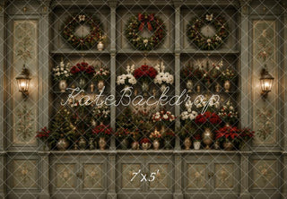 Kate Christmas Floral Green Cabinet Wreaths Lanterns Printed Backdrop Designed by Vertigo Productions