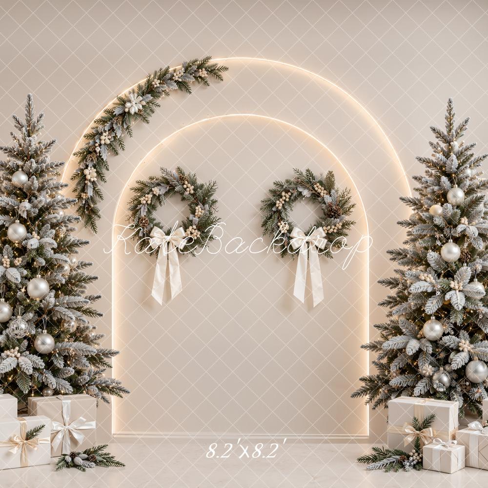 Kate Christmas Beige Tree Arch Wreaths Gifts Printed Backdrop Designed by Emetselch