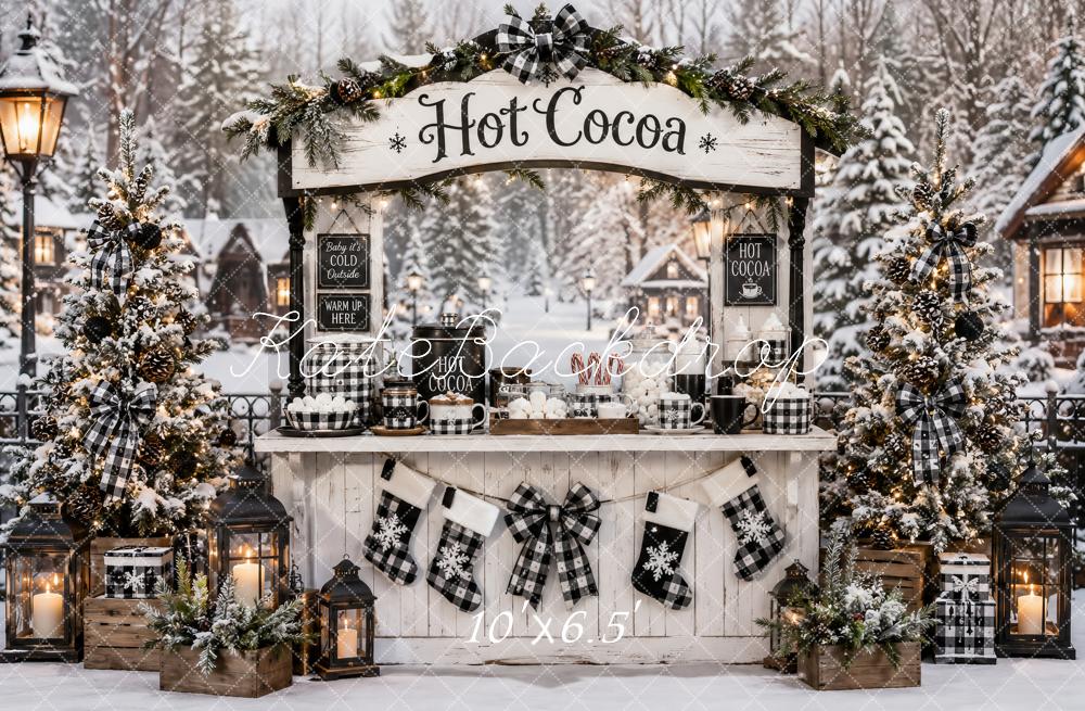 Kate Christmas Black Plaid Hot Cocoa Stand Snowy Forest Printed Backdrop Designed by Ashley Paul