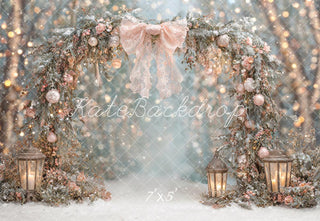 Kate Christmas Arch Pink Bow Lanterns Snowy Forest Printed Backdrop Designed by Ashley Paul