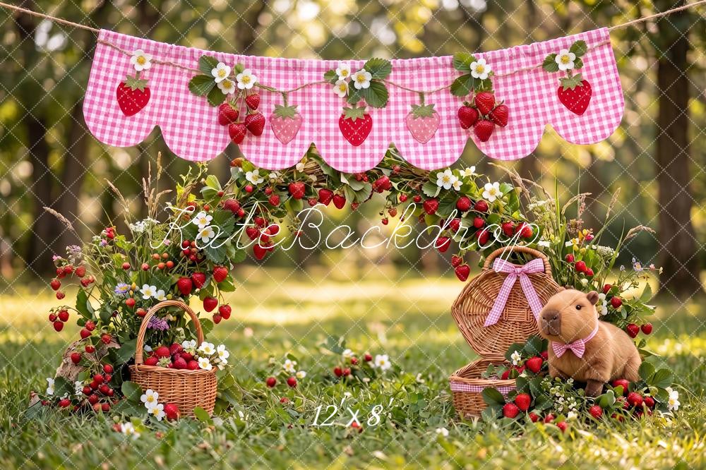 Kate Cake Smash Capybara Strawberry Picnic Teddy Bear Garden Printed Backdrop Designed by Angela Miller