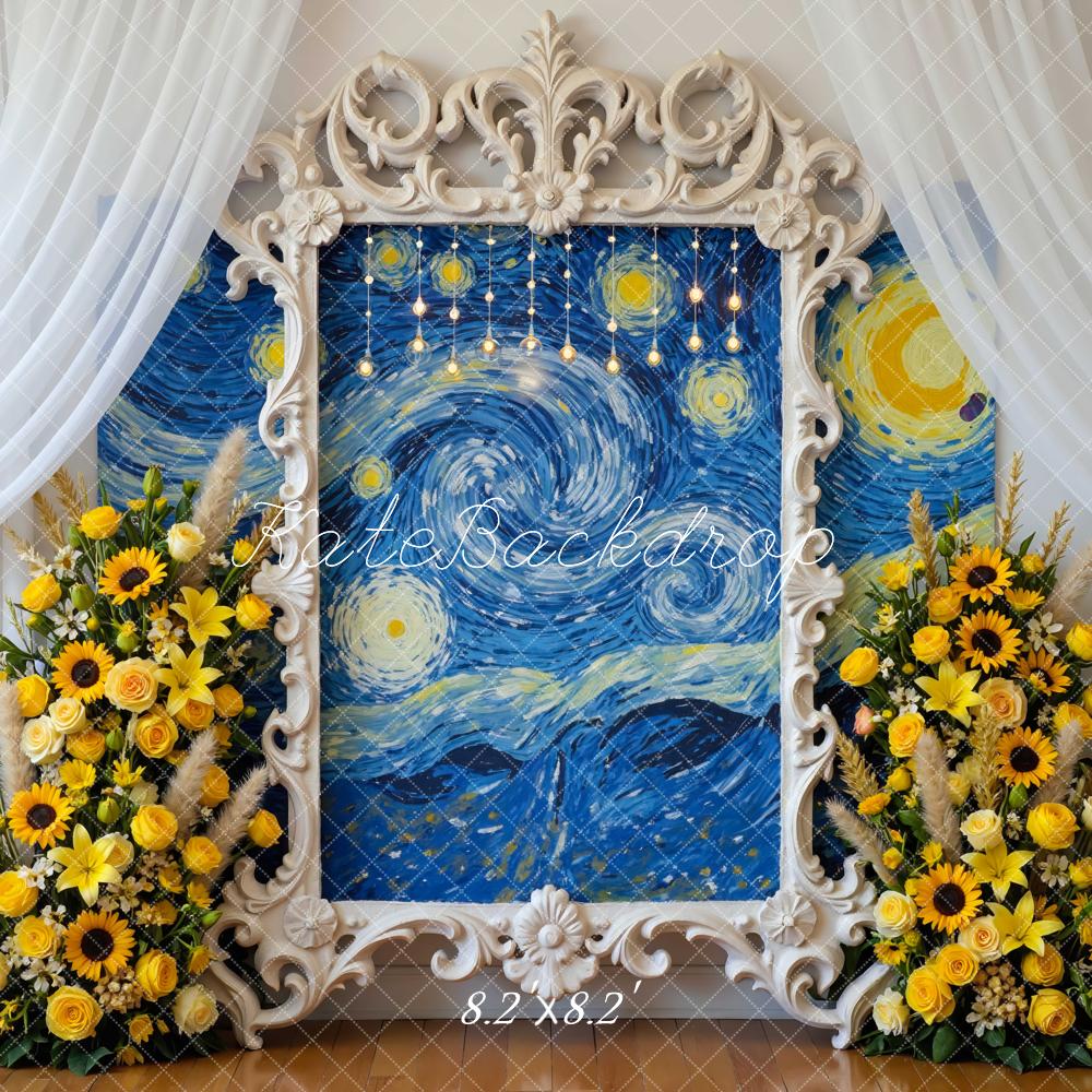 Kate Blue Night Sky Ornate Frame Sunflower Floral Arrangement Backdrop Designed by Mini MakeBelieve