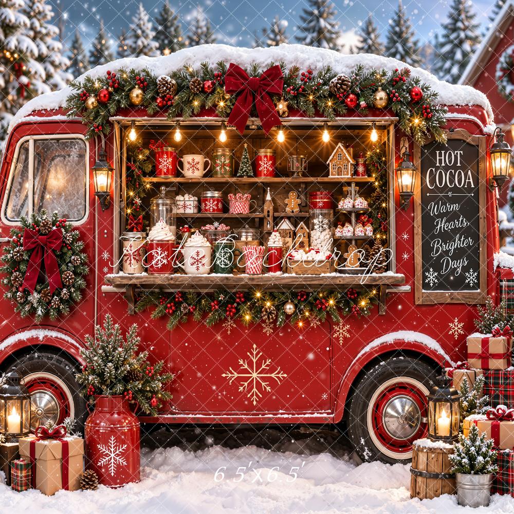 Kate Christmas Red Hot Cocoa Truck Snowy Gifts Nutcracker Printed Backdrop Designed by Emetselch