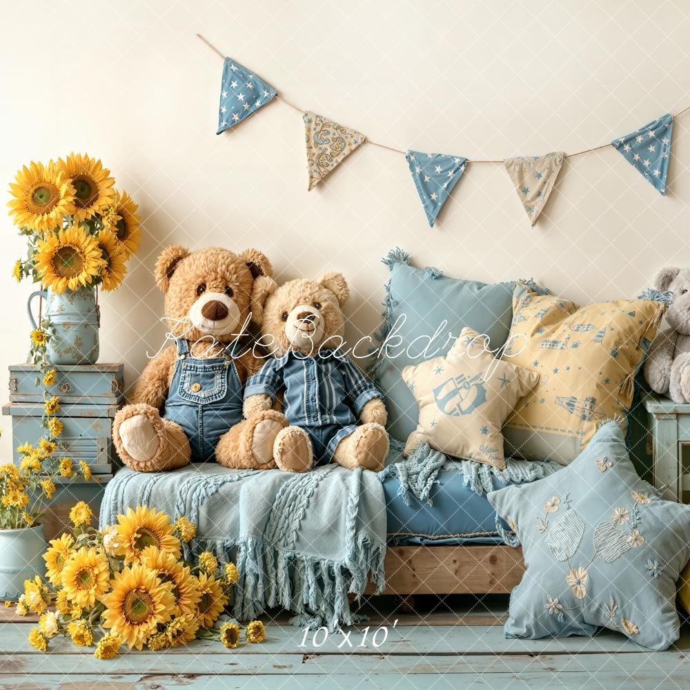 Kate Teddy Bears Sofa Sunflowers Blue Pillows Printed Backdrop Designed by Emetselch