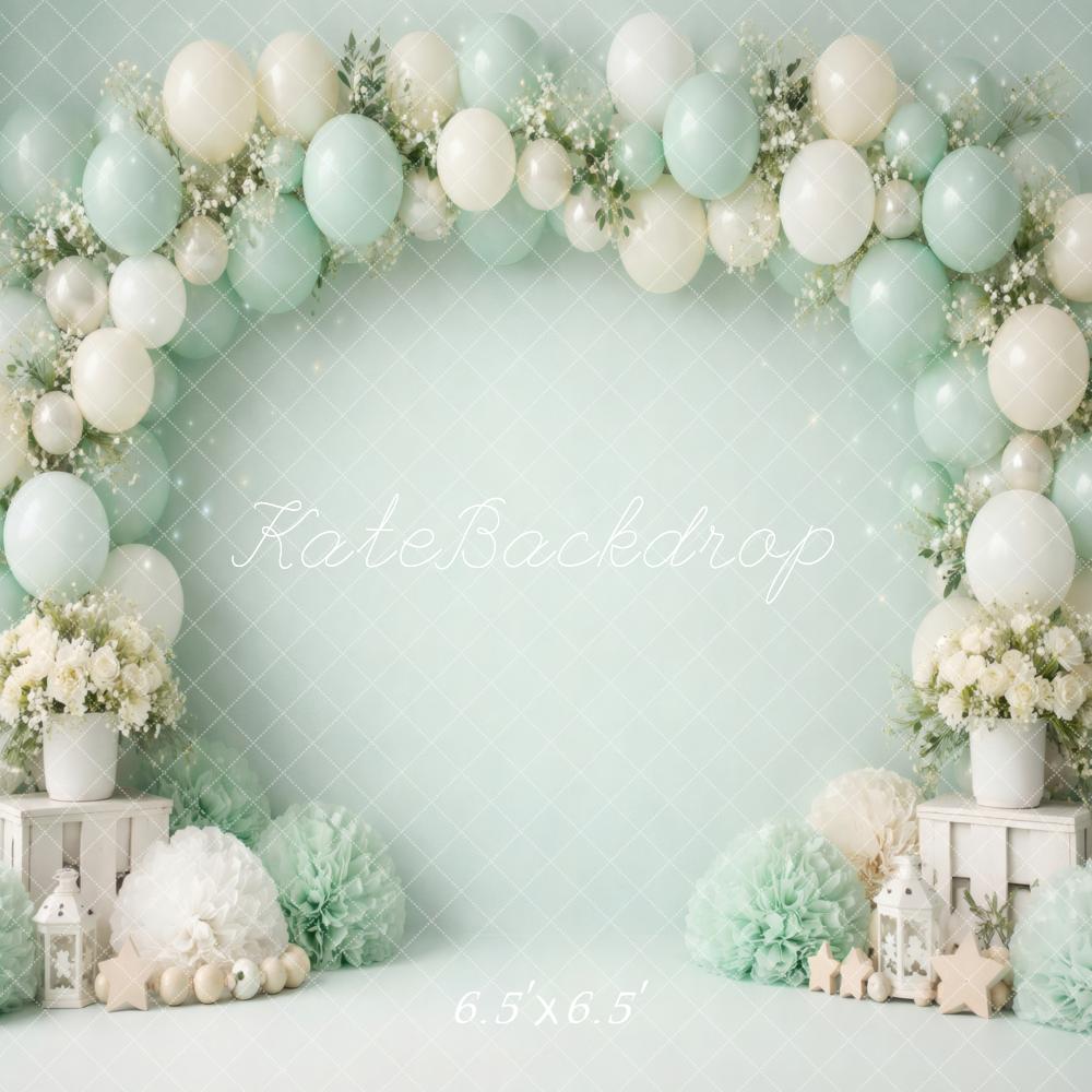 Kate Cake Smash Mint Balloon Flower Arch Stars Lanterns Printed Backdrop Designed by Vertigo Productions