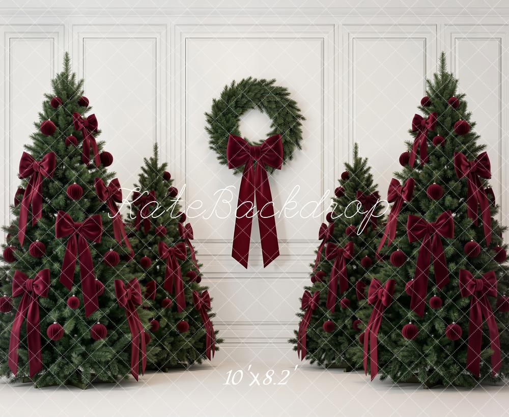 Kate Christmas Trees Burgundy Bows Wreath White Wall Printed Backdrop Designed by Emetselch