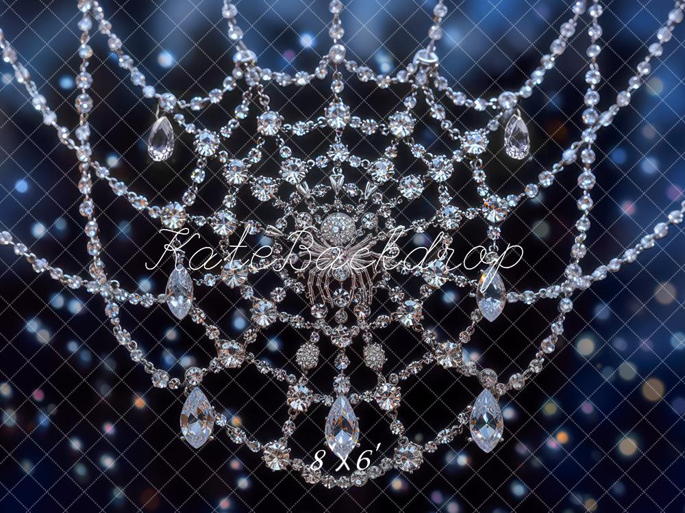 Kate Halloween Crystal Spider Web Blue Bokeh Backdrop Designed by Mini MakeBelieve