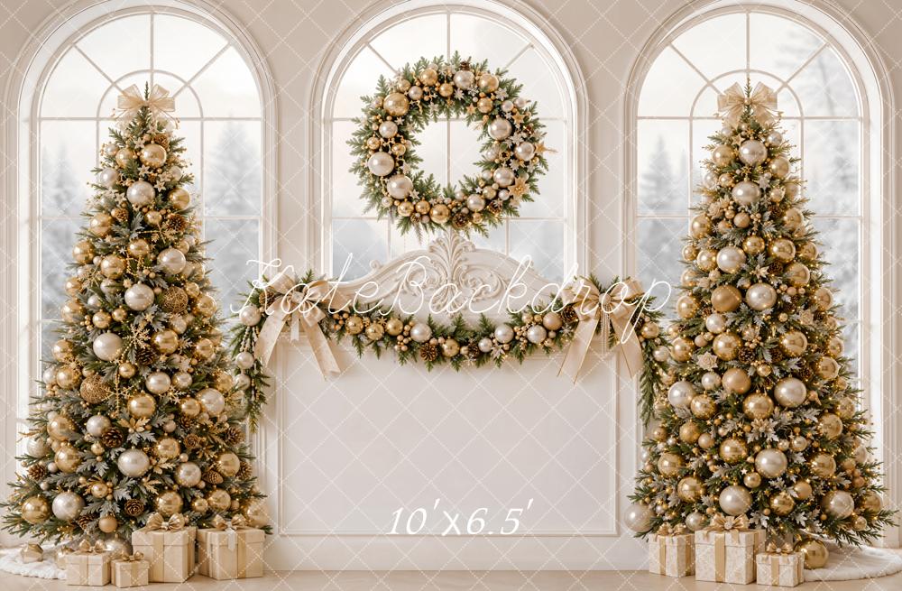 Kate Christmas Headboard Gold Christmas Trees Wreath Garland Window Printed Backdrop Designed by Emetselch