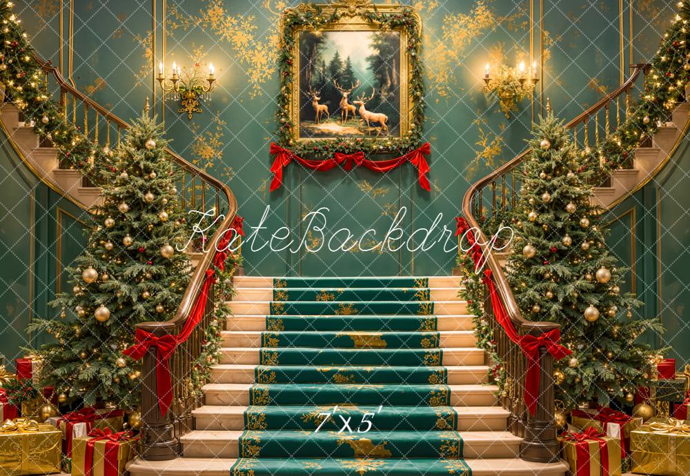 Kate Christmas Cascading Stairs Trees Painting Backdrop Designed by Emetselch