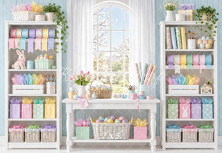 Lightning Deal Kate Easter Bunny Pastel Craft Room Shelves Window Printed Backdrop Designed by Emetselch