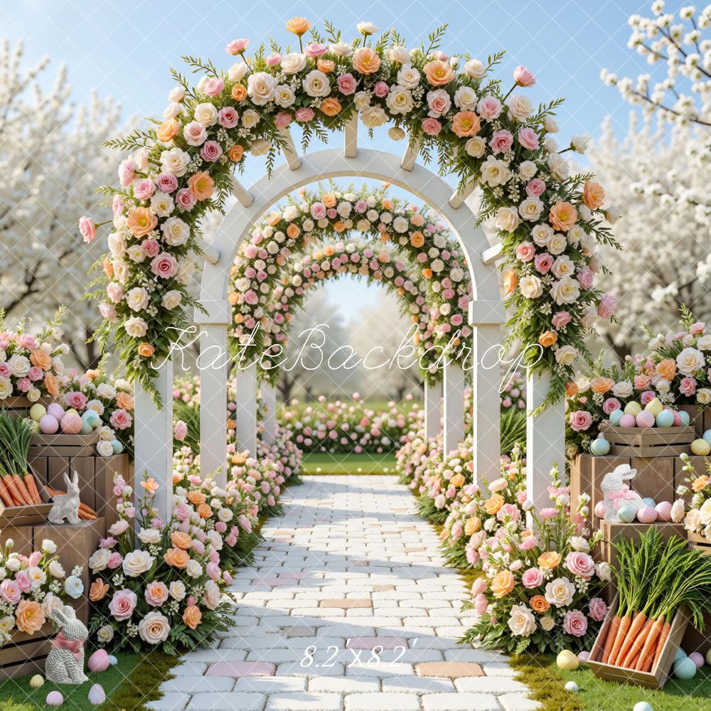 Kate Easter Bunny Flower Arch Pastel Eggs Garden Path Backdrop Designed by Mini MakeBelieve