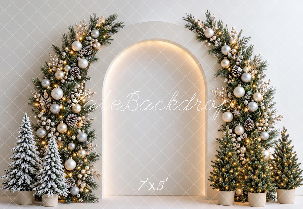 Kate Christmas Garland Arch Snowy Trees White Wall Printed Backdrop Designed by Emetselch