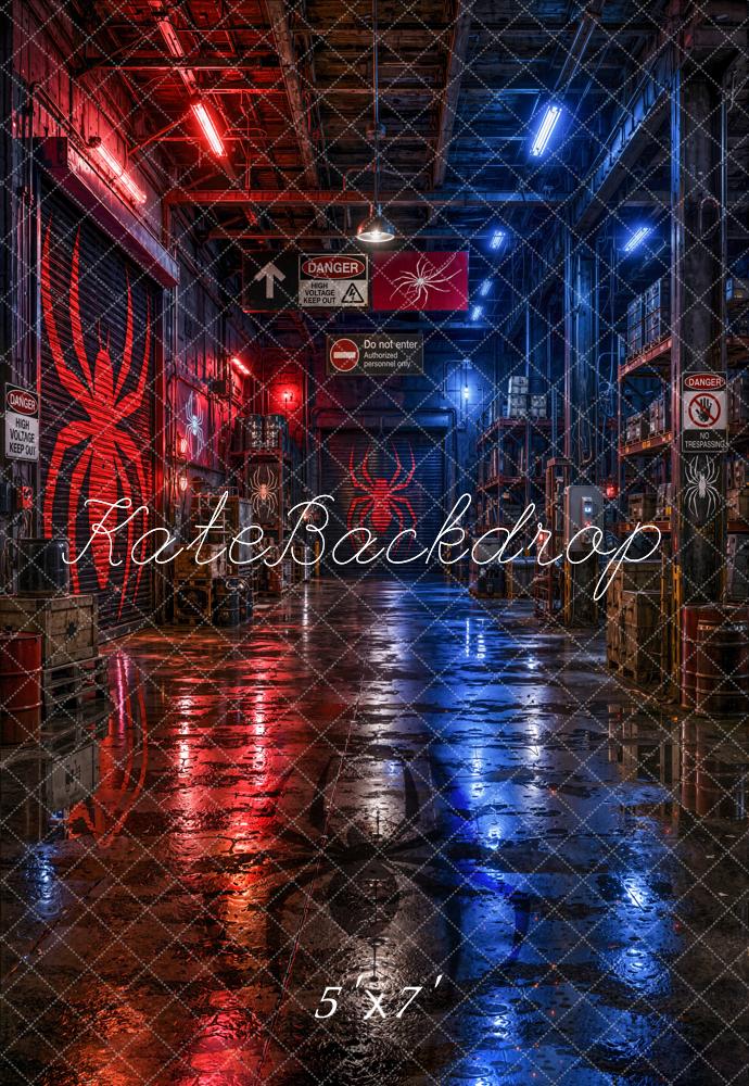 Kate Urban Red Blue Industrial Spider Warehouse Printed Backdrop Designed by Emetselch