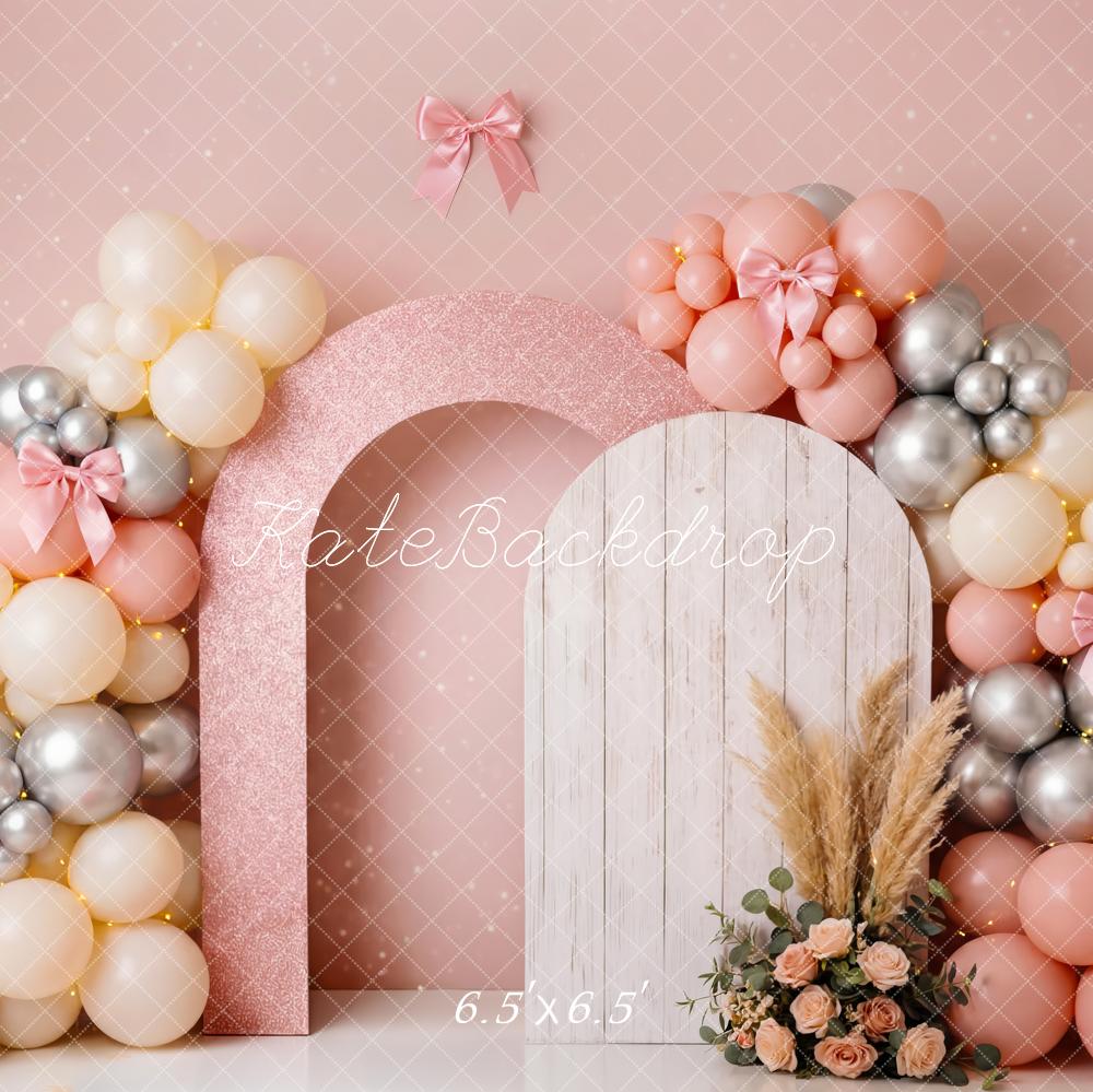 Kate Birthday Pink Balloon Arch Pampas Flowers Printed Backdrop Designed by Patty Roberts