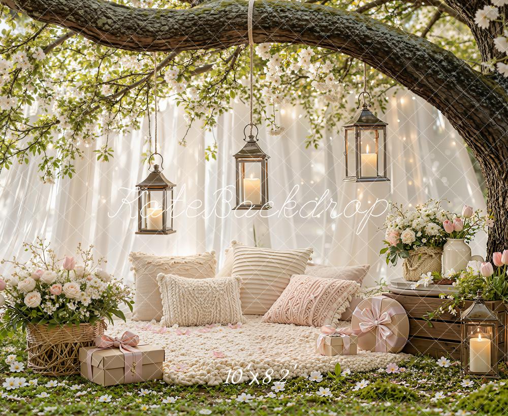 Kate Spring Cherry Blossom Branch Arch Lanterns Cozy Pillows Printed Backdrop Designed by Emetselch