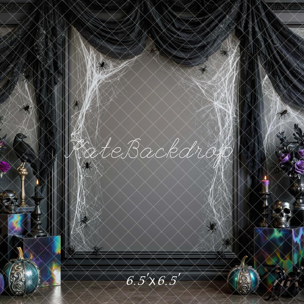 Kate Halloween Gothic Spider Web Skull Pumpkins Black Drapes Printed Backdrop Designed by Mini MakeBelieve